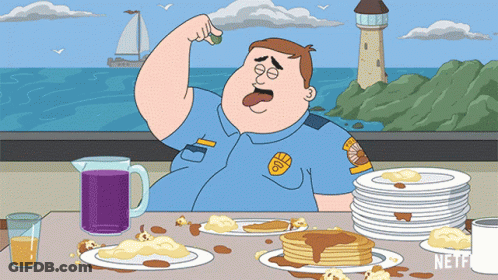 A Cartoon Of A Police Officer Sitting At A Table With Pancakes GIF