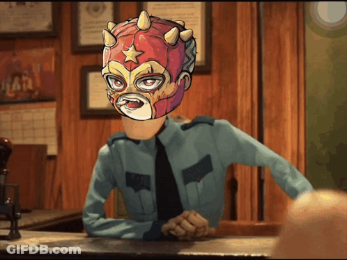 A Cartoon Of A Police Officer With A Mask On His Face GIF