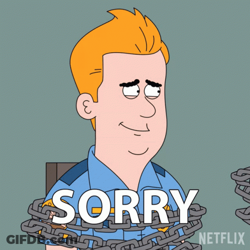 A Cartoon Of A Police Officer With Chains Around His Neck And The Word Sorry On The Bottom Right GIF