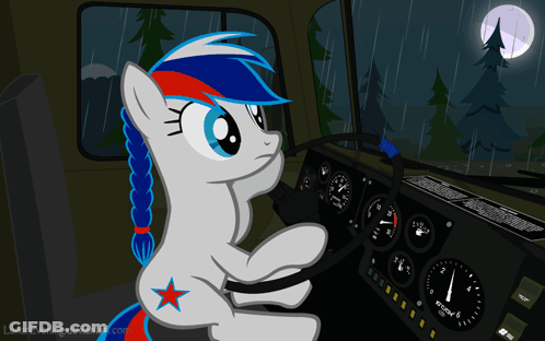 A Cartoon Of A Pony Driving A Car With The Word Lunar Evening On The Bottom GIF