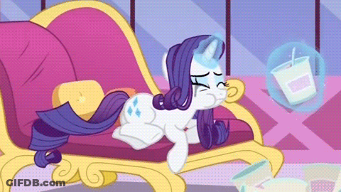A Cartoon Of A Pony Laying On A Couch With A Cup Of Milk In The Background GIF