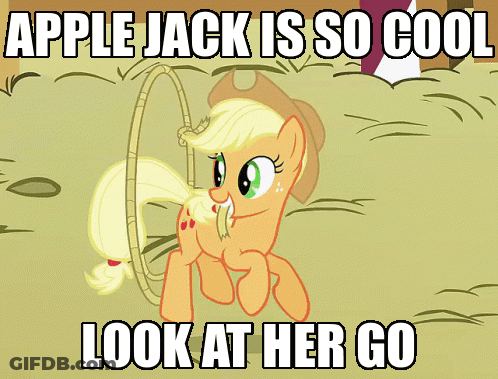A Cartoon Of A Pony With A Hula Hoop And The Words " Apple Jack Is So Cool Look At Her Go " GIF