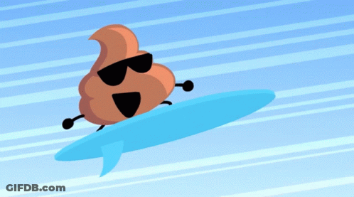 A Cartoon Of A Poop Wearing Sunglasses Riding A Surfboard GIF