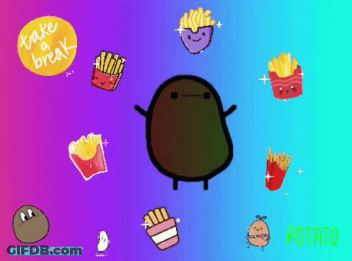 A Cartoon Of A Potato Surrounded By French Fries And The Words " Take A Break " In Yellow GIF