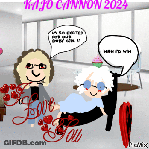 A Cartoon Of A Pregnant Woman Says I 'M So Excited For Our Baby Girl ! Nah I 'D Win GIF