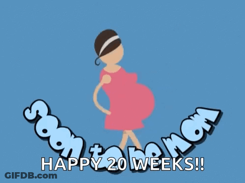A Cartoon Of A Pregnant Woman With The Words " Happy 20 Weeks " GIF