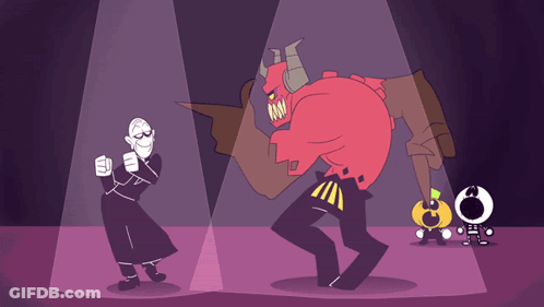 A Cartoon Of A Priest Dancing With A Demon GIF