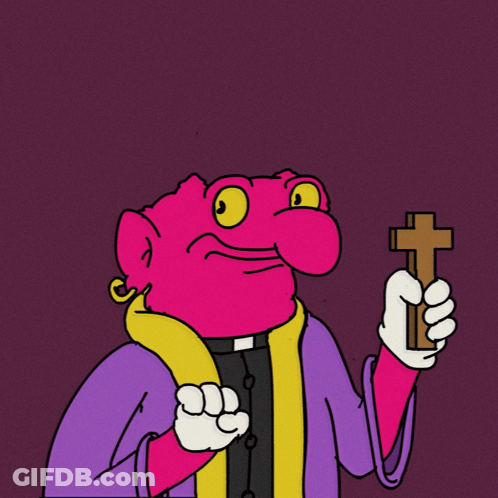 A Cartoon Of A Priest Holding A Cross In Front Of Flames GIF