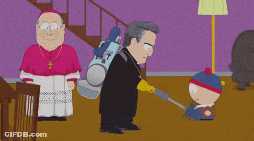 A Cartoon Of A Priest Holding A Vacuum Cleaner Standing Next To Stan Marsh GIF