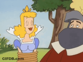 A Cartoon Of A Princess Tied Up By A Man With A Helmet On GIF