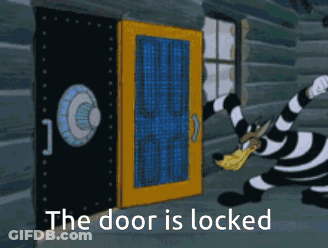 A Cartoon Of A Prisoner Trying To Open A Door With The Words " The Door Is Locked " GIF