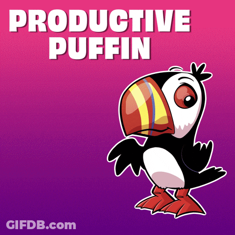 A Cartoon Of A Puffin With The Words " Productive Puffin " Above It GIF