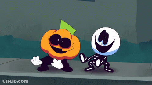 A Cartoon Of A Pumpkin And A Skeleton Dancing Together GIF