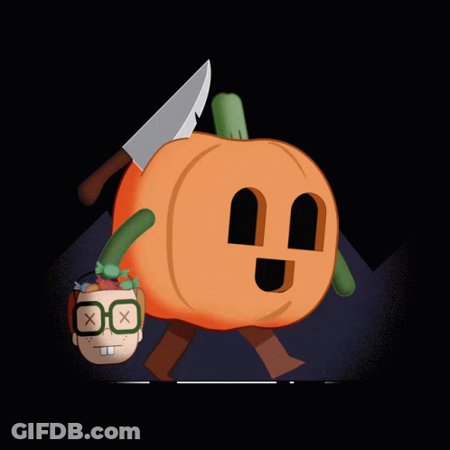 A Cartoon Of A Pumpkin Holding A Knife Over A Person 'S Head GIF