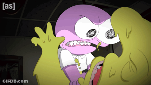 A Cartoon Of A Purple And Yellow Monster With The Letters A And S On It GIF