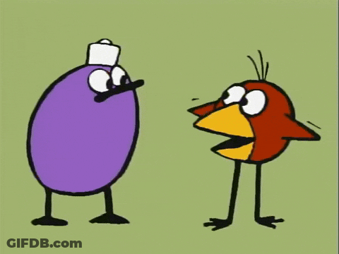 A Cartoon Of A Purple Bottle And A Red Bird Talking To Each Other GIF