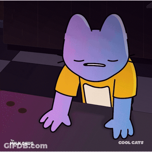 A Cartoon Of A Purple Cat Wearing A Yellow Shirt With Cool Cats Written On The Bottom GIF