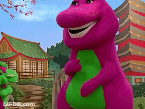 A Cartoon Of A Purple Dinosaur With A Green Tail GIF