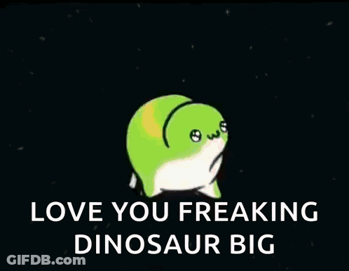 A Cartoon Of A Purple Dinosaur With The Words `` I Love You Freaking Dinosaur Big '' . GIF