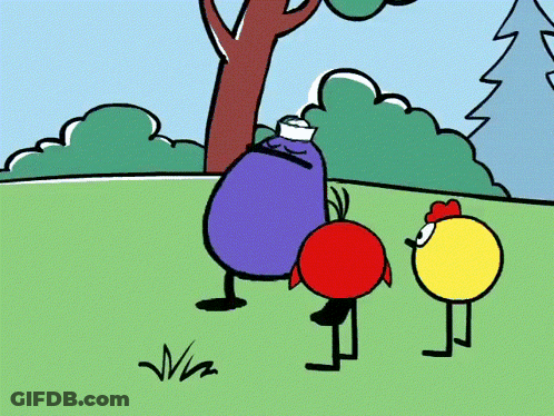 A Cartoon Of A Purple Eggplant A Red Circle And A Yellow Circle Standing In A Grassy Field GIF