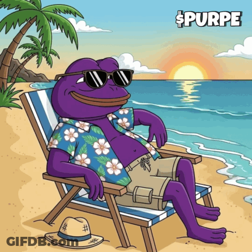 A Cartoon Of A Purple Frog Sitting On A Beach With The Word Purpe On The Bottom GIF