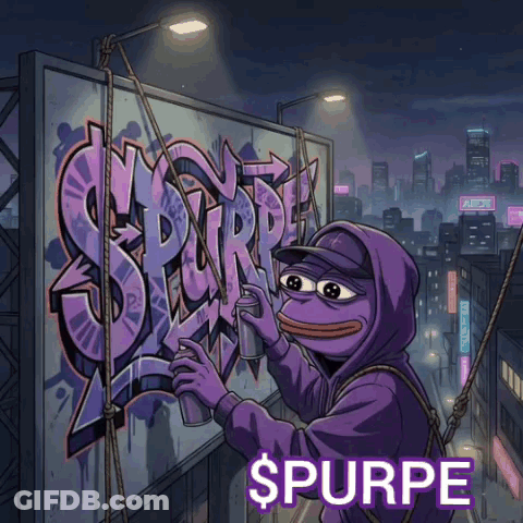 A Cartoon Of A Purple Frog Spraying Graffiti On A Billboard With The Word Spurpe Below It GIF