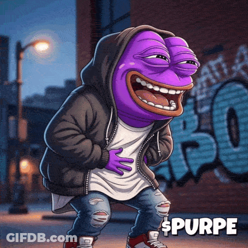 A Cartoon Of A Purple Frog Wearing A Hoodie With The Word Spurpe Below It GIF