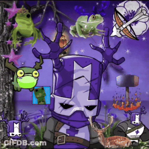 A Cartoon Of A Purple Knight With Frogs And A Deer GIF