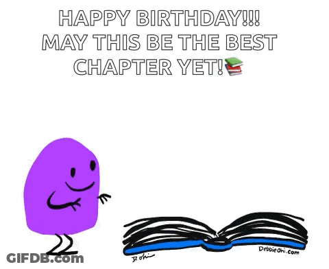 A Cartoon Of A Purple Monster With Arms And Legs Standing Next To An Open Book With The Words Happy Birthday May This Be GIF