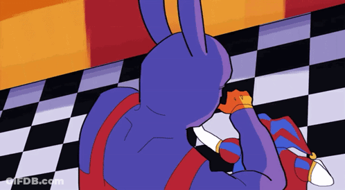 A Cartoon Of A Purple Rabbit Sitting On A Checkerboard Floor GIF