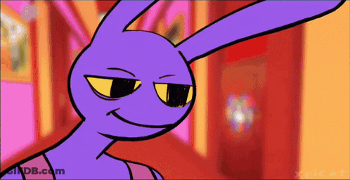 A Cartoon Of A Purple Rabbit With Yellow Eyes GIF