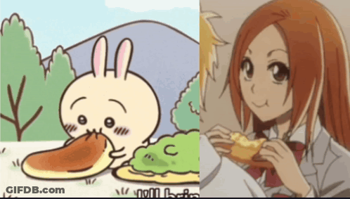 A Cartoon Of A Rabbit Eating A Pancake Next To A Girl Eating A Sandwich GIF