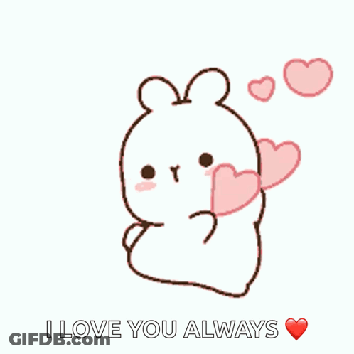 A Cartoon Of A Rabbit Holding Two Pink Hearts And Saying I Love You Always GIF