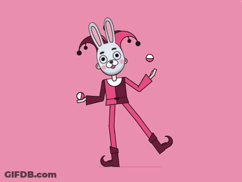 A Cartoon Of A Rabbit In A Jester Outfit On A Pink Background GIF