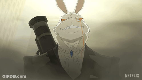 A Cartoon Of A Rabbit In A Suit Holding A Camera With Netflix Written On The Bottom GIF