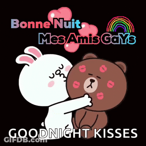 A Cartoon Of A Rabbit Kissing A Teddy Bear With The Words " Goodnight Kisses " Below It GIF