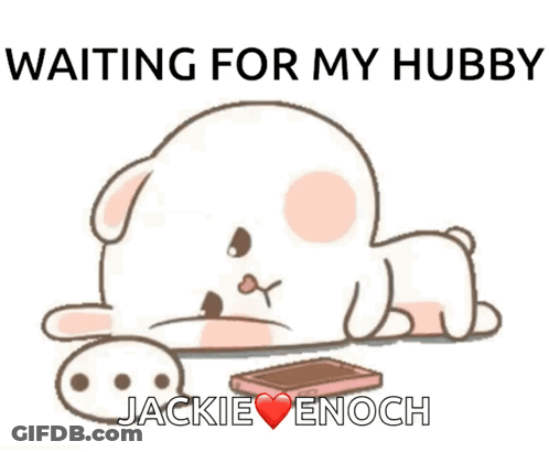 A Cartoon Of A Rabbit Laying Down With A Cell Phone And The Words " Waiting For My Hubby Jackie Enoch " Below It GIF