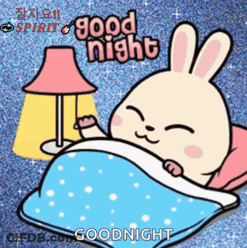 A Cartoon Of A Rabbit Laying In Bed With The Words " Good Night " Written Above It GIF
