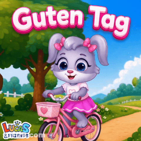 A Cartoon Of A Rabbit Riding A Bike With The Words Guten Tag Written Above It GIF