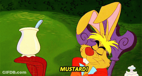A Cartoon Of A Rabbit Saying Mustard With A Cup In The Background GIF