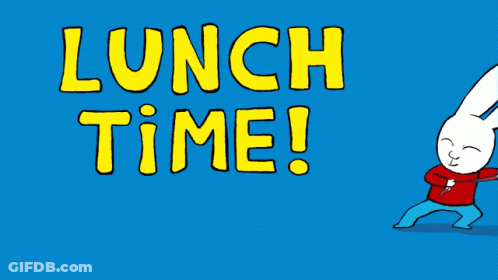 A Cartoon Of A Rabbit Standing Next To A Lunch Time Sign GIF