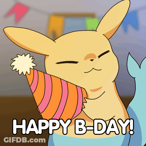 A Cartoon Of A Rabbit Wearing A Party Hat That Says " Happy B-Day " GIF