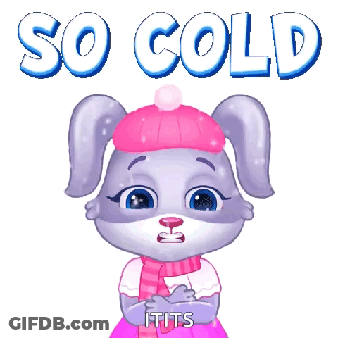 A Cartoon Of A Rabbit Wearing A Pink Hat And Scarf Says So Cold It 'S Tits GIF