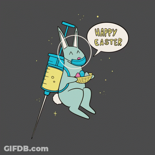 A Cartoon Of A Rabbit With A Syringe And A Speech Bubble That Says " Happy Easter " GIF