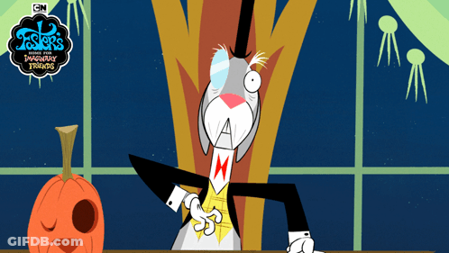 A Cartoon Of A Rabbit With A Top Hat And A Pumpkin With A Face On It GIF