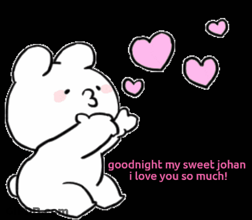 A Cartoon Of A Rabbit With Pink Hearts And The Words Goodnight My Sweet Johan I Love You So Much GIF