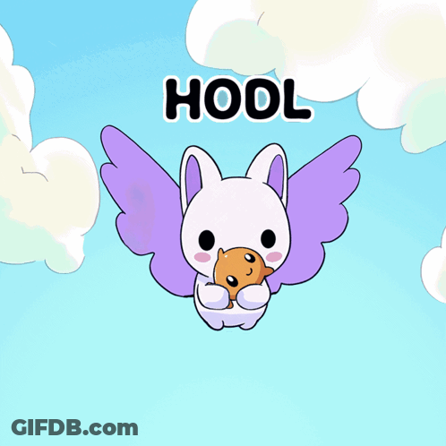A Cartoon Of A Rabbit With Wings Holding A Teddy Bear With The Word Hool Written Above It GIF