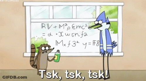A Cartoon Of A Raccoon And A Blue Bird Standing In Front Of A White Board That Says Tsk GIF