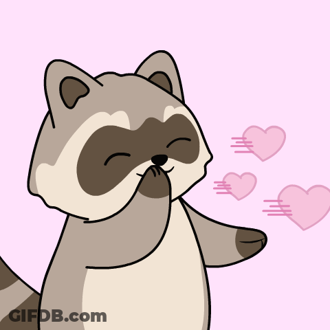 A Cartoon Of A Raccoon Blowing Pink Hearts From Its Mouth GIF