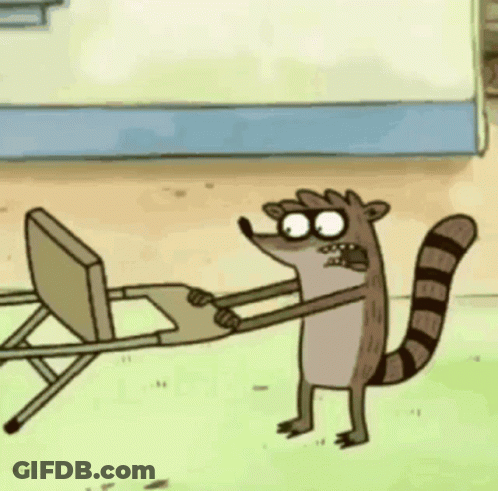 A Cartoon Of A Raccoon Holding A Chair In His Hands . GIF